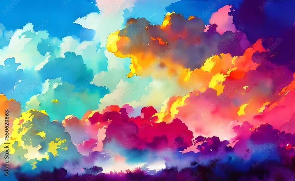 I am looking at a painting of colorful clouds. The sky is filled with different shades of pink, purple, and blue. The clouds are delicate and look like they were painted with watercolors. I can see th