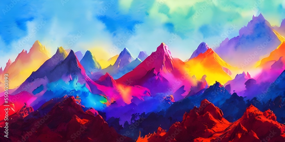The mountains are different shades of blue, green, and purple. The sun ...