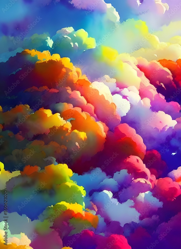 I am looking at a painting of colorful clouds. They are shades of pink, orange, and yellow, and they look like they were painted with watercolors. The sky is a bright blue, and the cloudsstand out in