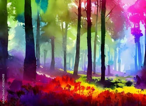 A scene of a colorful forest pops up on the paper, as if it was plucked straight out of thin air and placed onto the page. Every leaves is different shades of green, yellow, orange and red  creating a © dreamyart