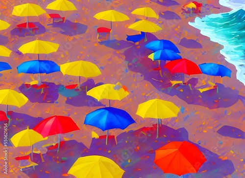 The beach umbrellas are so colorful against the water. They look like they're painting the sky.