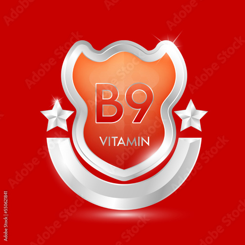 Vitamin B9 in orange glass shield transparent. Protection body stay healthy. For nutrition products food. Shield aluminum and star silver label sticker icon 3d isolated realistic. Vector illustrator.