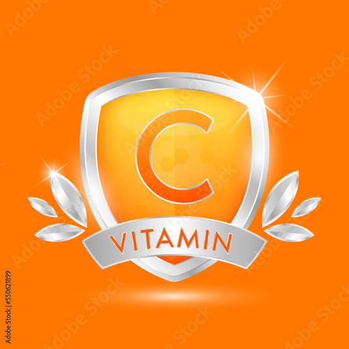 Vitamin C in orange glass shield transparent. Protection body stay healthy. For nutrition products food. Shield aluminum ang leaf label sticker icon 3d isolated realistic. Vector illustrator.