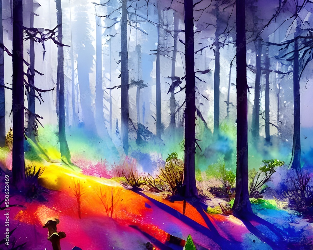 Fototapeta premium In this painting, a colorful winter forest is displayed in beautiful watercolor. The blues and greens of the trees contrast against the white of the snow, creating a serene and enchanting scene.