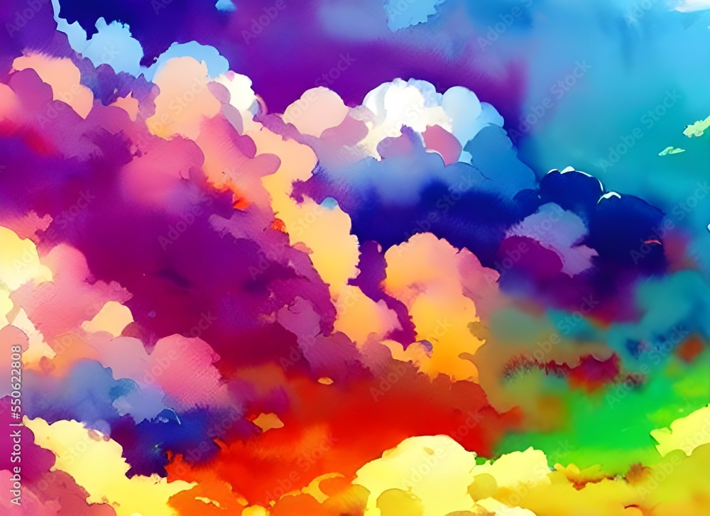 The sky is a wash of blues, pinks, and purples. The clouds are like cotton candy, fluffy and bright. The sunlight filters through the layers of color, creating a dreamy scene.
