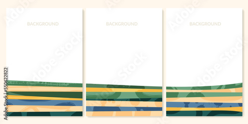 Abstract farm field collage background. Agro land backdrop, farmland landscape vector illustration with texture. Oriental decorative poster, eco design, green rural template, ecology art header