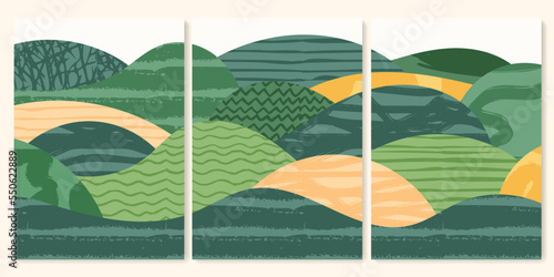 Abstract aesthetic eco green collage design. Organic nature shape vector illustration. Landscape pattern composition. Geometric field ornament. Contemporary poster collection, modern field background