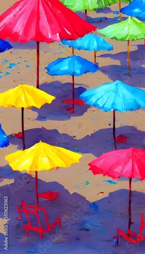 I see a beautiful watercolor painting of rows and rows of brightly colored beach umbrellas. The sun is shining down on them, and I can almost feel the warmth emanating from the picture.