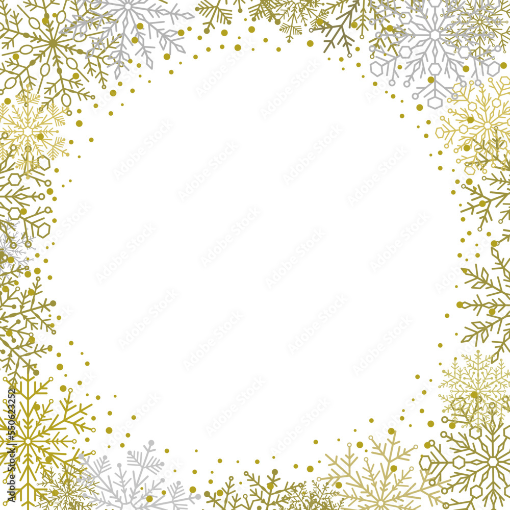 Winter vector frame with arabesques and snowflakes. Golden and white greeting card. Pattern with snowflakes Winter vector frame with arabesques and snowflakes. Golden and white greeting card. Pattern with snowflakes