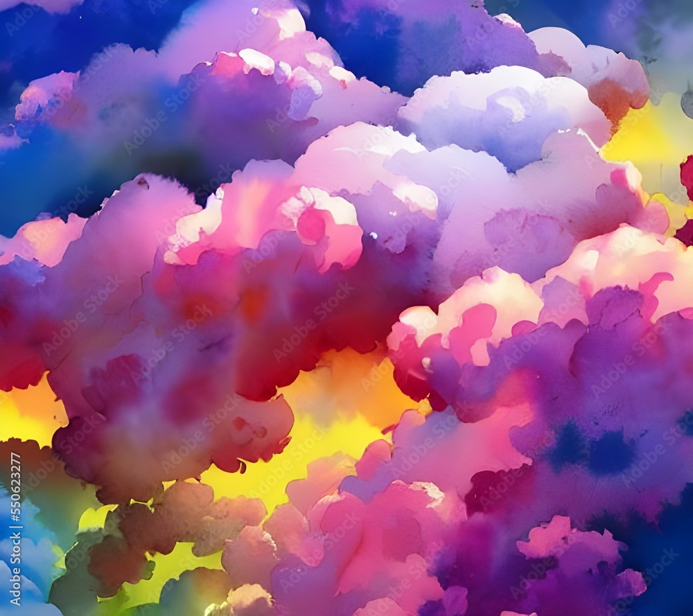 The sky is a beautiful watercolor, with fluffy clouds in shades of pink and purple. The sun is peeking out from behind the clouds, painting the world in a warm glow.