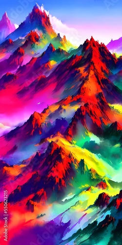 I see colorful mountains in a watercolor painting. The mountains are different shades of blue, green, and purple. They are surrounded by a white background. © dreamyart