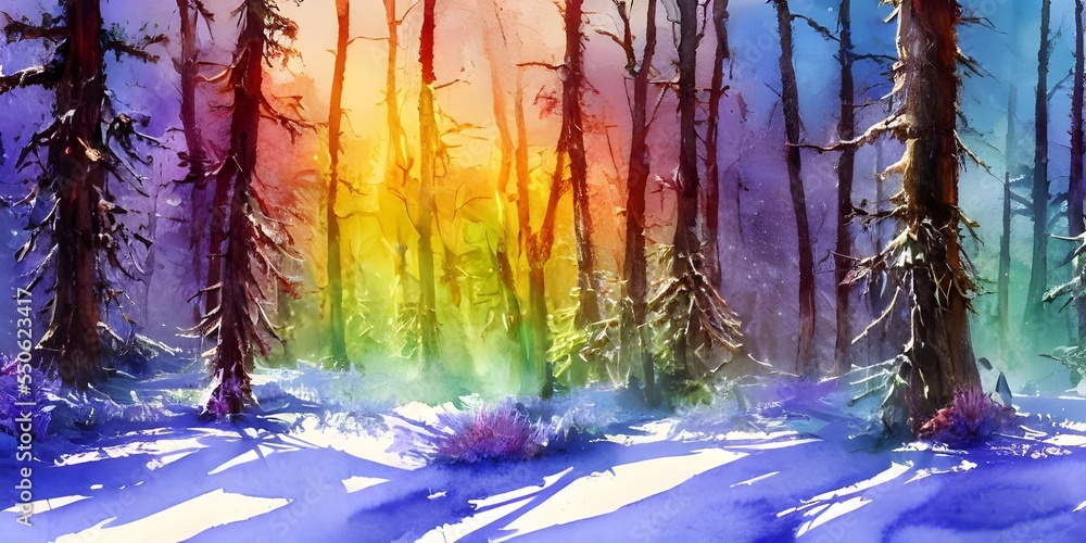 I am looking at a beautiful watercolor of a winter forest. The trees are different shades of green, blue, and purple. The ground is covered in a layer of white snow. I see a few squirrels running arou