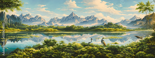 Artistic illustration of a heron bird on a landscape with a lake.