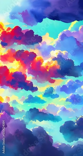 A beautiful sky painting done in watercolors. The clouds are fluffy and different colors, from white to pink to purple. They seem to be floating on a canvas of blue.