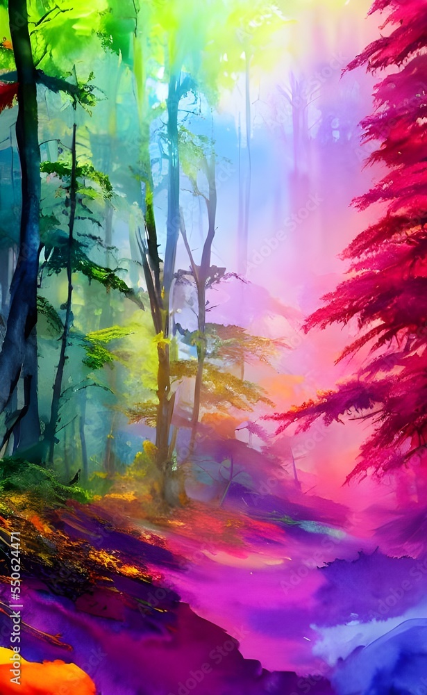 A colorful forest watercolor paints a scene of tall trees with green leaves, a blue sky, and a stream running through the center. The colors are bright and cheerful, making it a pleasant image to look