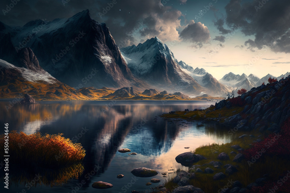 Obraz premium Mirror surface lake reflect scenic of mountain peak in the morning light Generative Ai