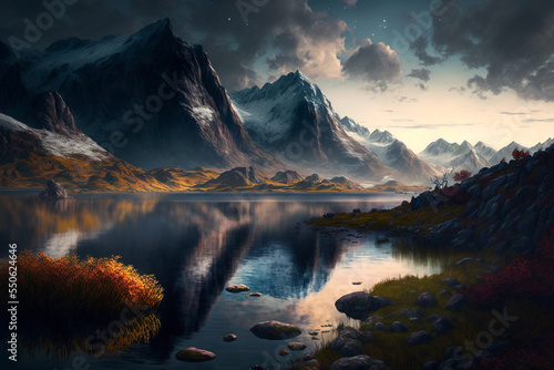 Mirror surface lake reflect scenic of mountain peak in the morning light Generative Ai