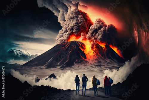 Tablou canvas people go visit erupt volcano, standing in front of the eruption