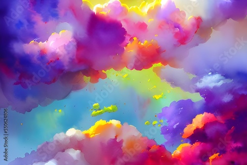 The fluffy clouds are a variety of colors including pink, purple, and blue. They look like they were painted with watercolors. The sky is a bright blue color and the sun is shining.