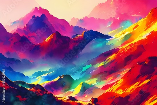 I see a beautiful watercolor painting of colorful mountains. The sky is a deep blue, and the sun is shining on the peaks of the mountains, making them glow in shades of orange, pink, and purple.