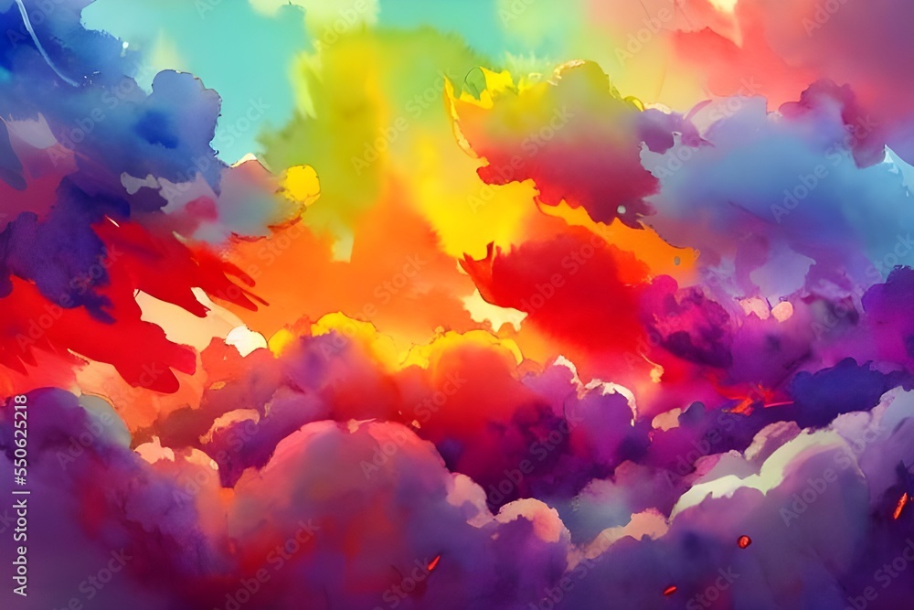I am looking at a piece of art that is a watercolor painting of colorful clouds. The artist used different shades and hues of blue to create the sky, and then added wispy white clouds throughout the p