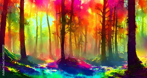 In this painting, a riot of colors swirls and dances together to create an enchanted forest. Cool greens mix with fiery oranges and reds, while pale pinks and purples provide a delicate counterpoint.  © dreamyart