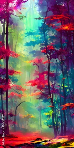 In this painting, a bursts of colors flow together to create a bright and beautiful forest. Thick trees stand tall and proud, while delicate flowers bloom at their feet. A river runs through the middl
