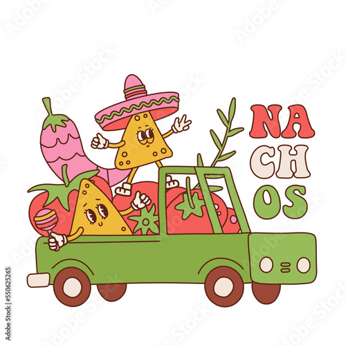 Cute retro cartoon nacho characters in pickup with fresh vegetables for cooking salsa sauce . Vector ventage mascot illustration design. Isolated on white background. Mexican harvesting.