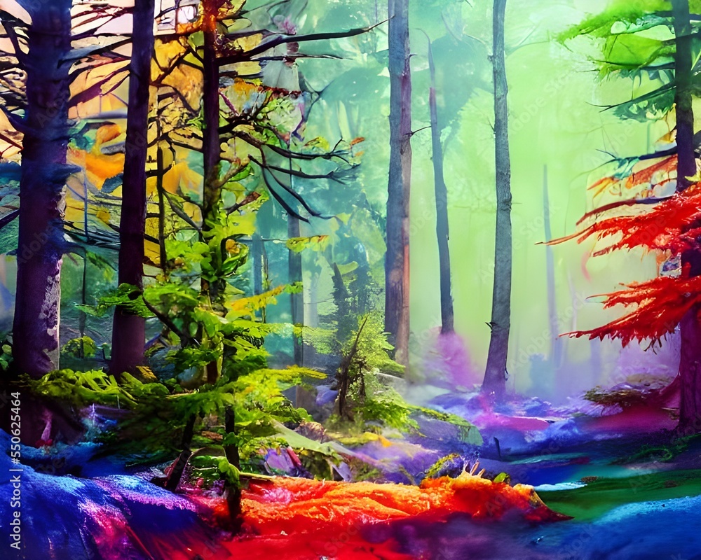 In this picture, a colorful winter forest watercolor is depicted. The leaves on the trees are different shades of orange, red, and yellow, and the snow on the ground is a pristine white. It's a beauti
