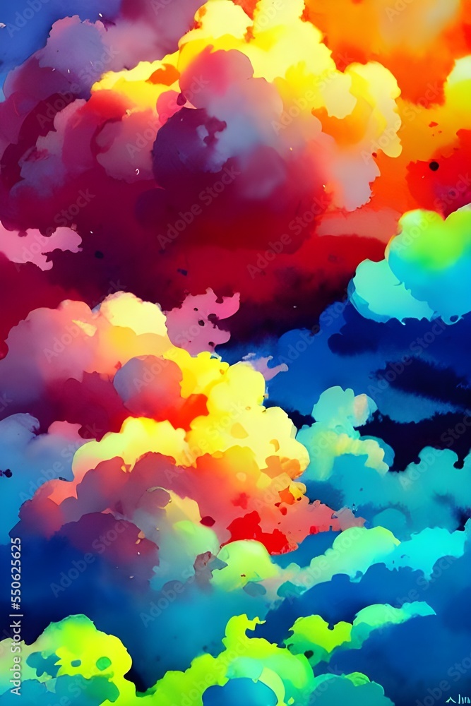 I am looking at a beautiful watercolor painting of multicolored clouds. The sky is a deep blue, and the clouds are white, pink, purple, and yellow. They seem to be floating in the air, and I