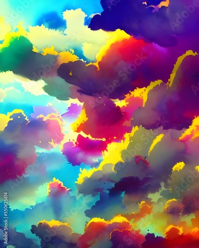 I am looking at a painting of colorful clouds. The sky is a deep blue, and the clouds are puffy and white. They are tinted with pink, purple, and orange. The sun is peeking out from behind