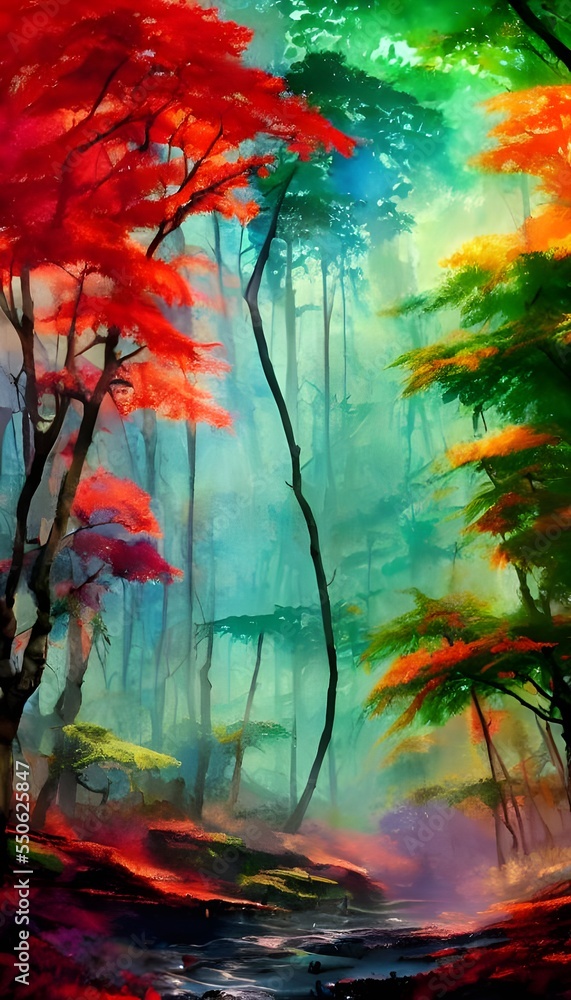 In this painting, a colorful forest is depicted with watercolor paints. The trees have been expertly blended together, creating a vivid and beautiful image. Every shade of green can be seen in the lea - obrazy, fototapety, plakaty 