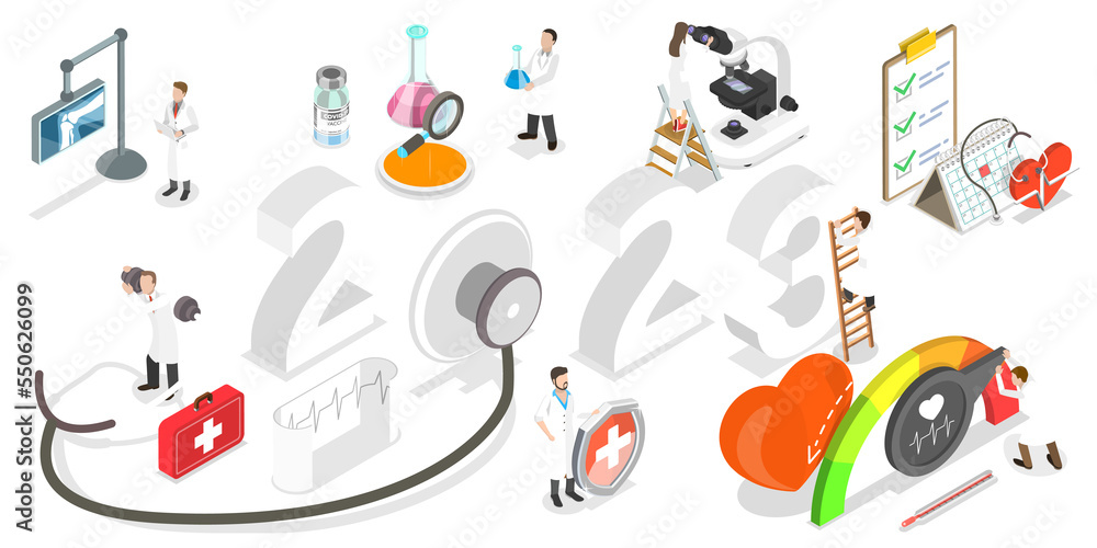 3D Isometric Flat  Conceptual Illustration of Healthcare And Medicine In New Year 2023