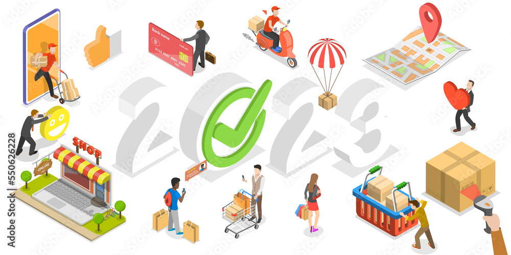 3D Isometric Flat  Conceptual Illustration of E-commerce Trends In New Year 2023