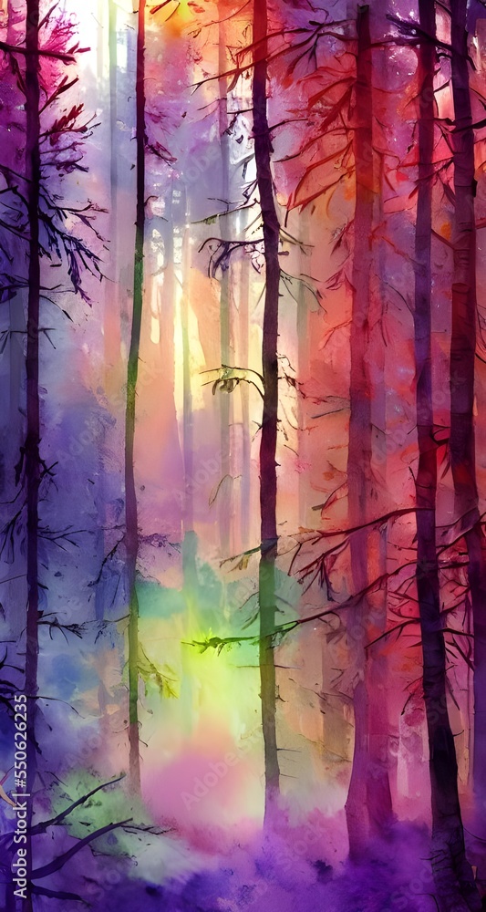 Obraz premium A colorful winter forest watercolor painting depicts a scene of tall evergreen trees in the snow. The sky is a light blue color, and the sun is shining brightly.