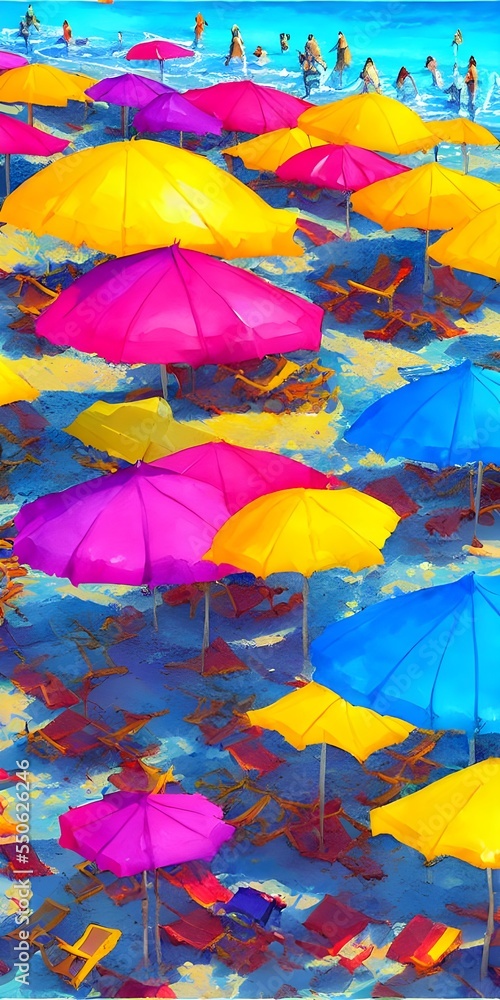 The brightly colored umbrellas contrast sharply against the teal blue water. The sun lazily extends fiery oranges and red, turning the sea from a deep sapphire to warmer shades. Nearby, there are peop