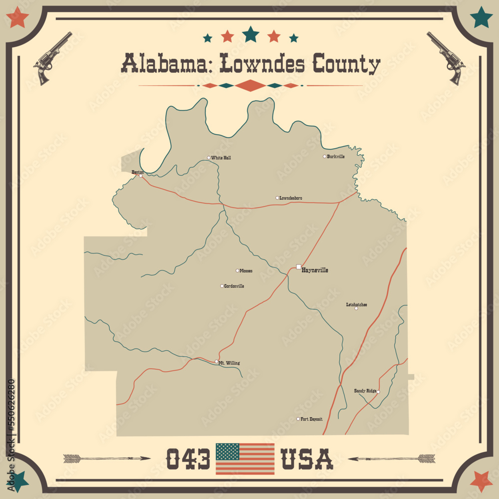 Large and accurate map of Lowndes county, Alabama, USA with vintage colors.