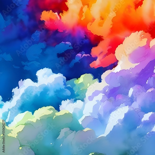 The sky is filled with colorful clouds, like a watercolor painting. The sun is shining and the breeze is blowing.