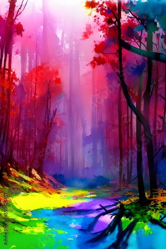The sun shines through the forest trees, casting a beautiful array of colors on the water below.