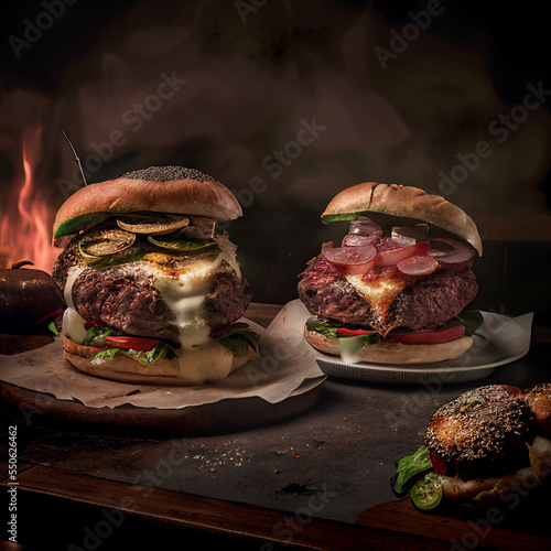 Delicious hamburgers with beef, cheese, tomatoes, onions, salad, served on a wood table in front of a fireplace. Beautiful presentation of traditional American food, black background. photo