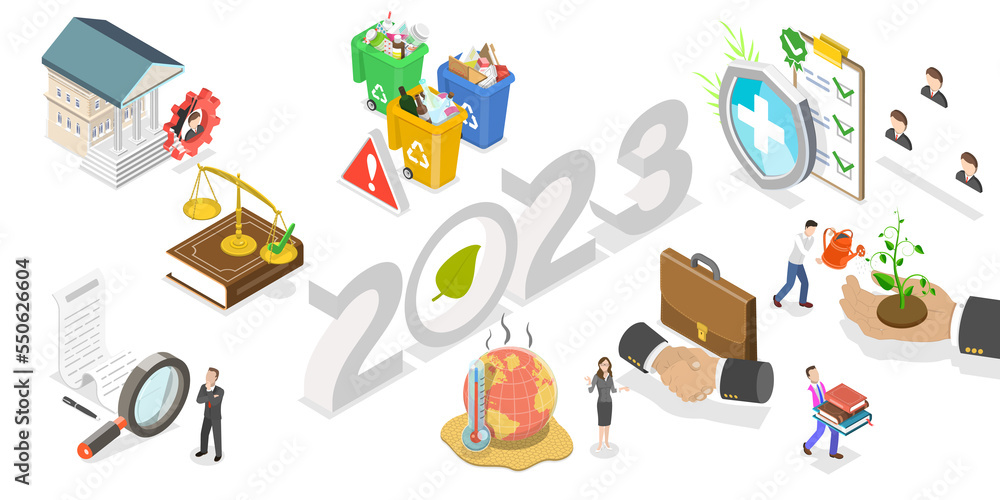 3D Isometric Flat Conceptual Illustration of New Year 2023 And ESG Trends 3D Isometric Flat Conceptual Illustration of New Year 2023 And ESG Trends