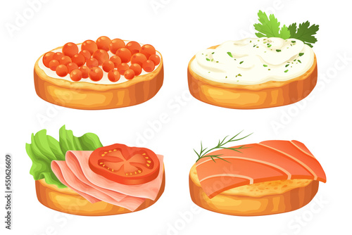 Open sandwiches with different toppings isolated on white background