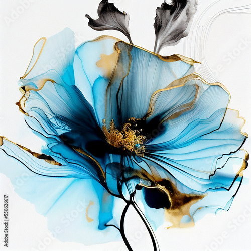 Alcohol ink abstract illustration of a flower, with blue and gold petals. Modern art, usable for background, wall art, poster, wedding invitatitions