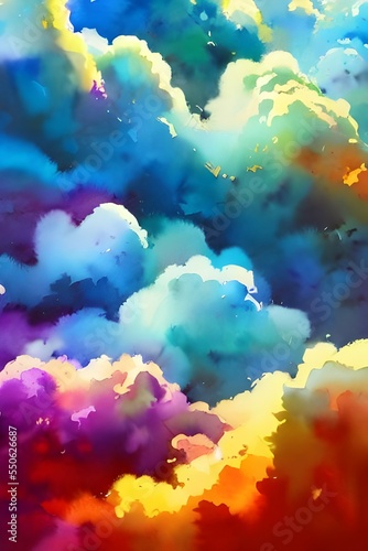 In this painting, colorful clouds dance in a watercolor sky. They twist and turn, creating shapes that catch the eye. The background is a deep blue, making the clouds stand out even more. Every time y © dreamyart