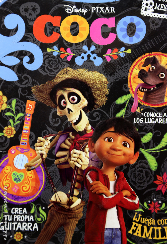 Children's activity magazine with the theme of the movie Coco. Disney -  Pixar. Miguel and Ernesto De La Cruz. Dante the xoloitzcuintli dog. Book to  color, learn and have fun. Stock Photo