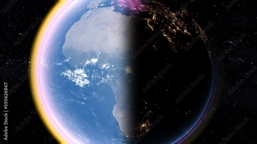 imágen del continente africano visto desde el espacio. Se ve el paso del dia a la noche en el planeta tierra