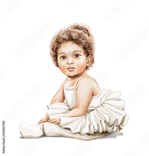 Watercolor imaginary character cute little african american girl ballerina with curly hair in dancing tutu sitting on the floor isolated on white background. Hand drawn illustration sketch