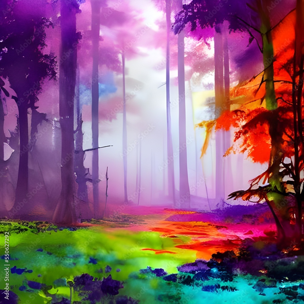 Fototapeta premium In this painting, a colorful forest is depicted with watercolors. The leaves on the trees are different shades of green, and the water in the creek is blue. The sunlight shining through the trees crea