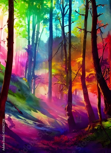In this watercolor painting  a dense forest of tall trees is filled with an abundance of colorful flowers. A bubbling stream flows through the center of the painting  providing refreshment to both the