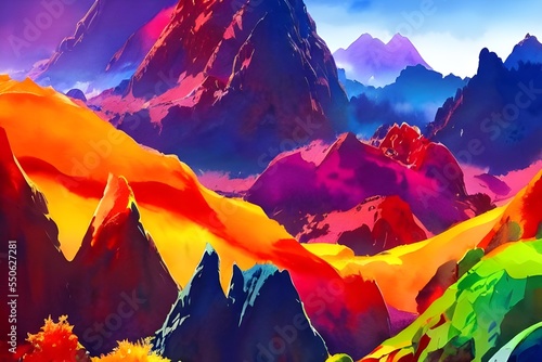 A scene of jagged, colorful mountains painting in watercolors. The paint is still wet and the colors are running together, making the landscape look like it's alive.